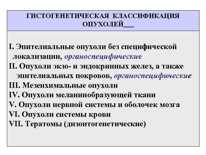 ГИСТОГЕНЕТИЧЕСКАЯ КЛАССИФИКАЦИЯ ОПУХОЛЕЙ I. Эпителиальные опухоли без специфической локализации, органоспецифические II. Опухоли экзо- и