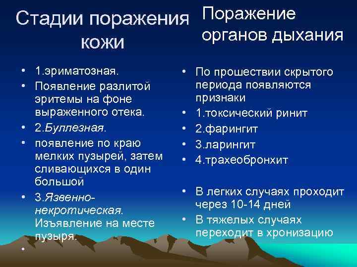 Стадии поражения Поражение органов дыхания кожи • 1. эриматозная. • Появление разлитой эритемы на
