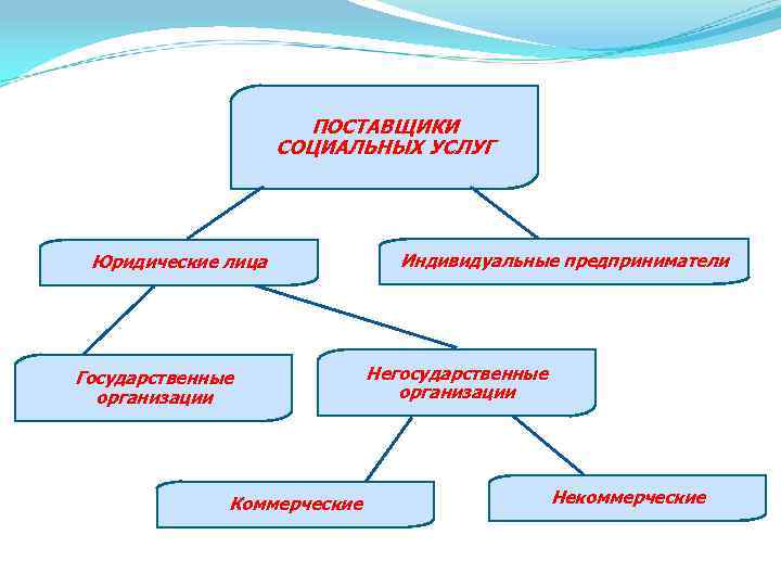 ПОСТАВЩИКИ СОЦИАЛЬНЫХ УСЛУГ Юридические лица Государственные организации Коммерческие Индивидуальные предприниматели Негосударственные организации Некоммерческие 