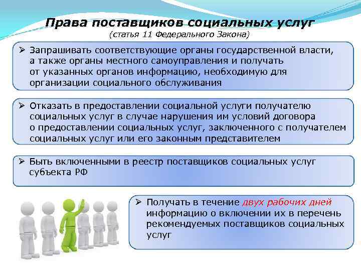 Права поставщиков социальных услуг (статья 11 Федерального Закона) Ø Запрашивать соответствующие органы государственной власти,