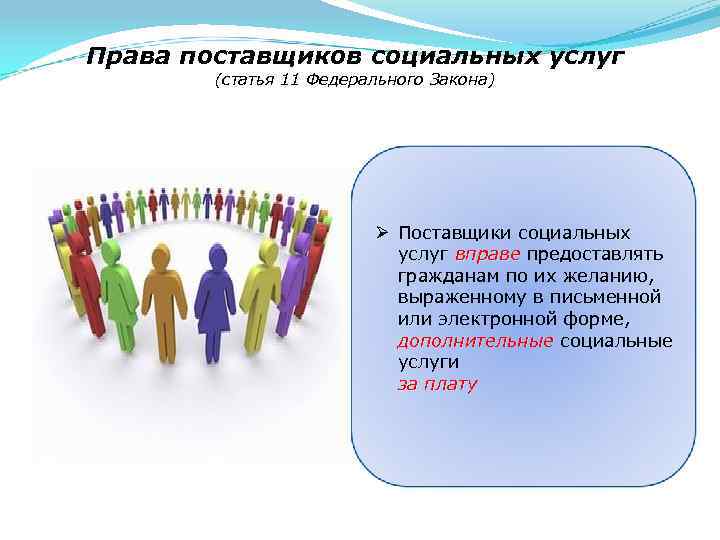 Права поставщиков социальных услуг (статья 11 Федерального Закона) Ø Поставщики социальных услуг вправе предоставлять