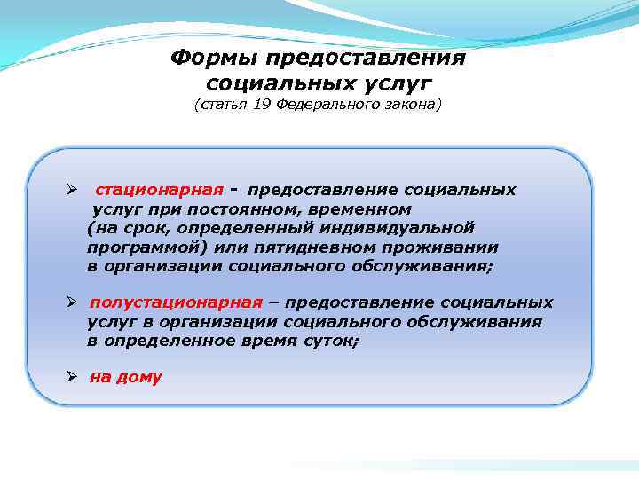 Формы предоставления социальных услуг (статья 19 Федерального закона) Ø стационарная - предоставление социальных услуг