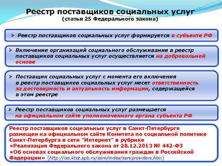 Реестр поставщиков социальных услуг (статья 25 Федерального закона) Ø Реестр поставщиков социальных услуг формируется