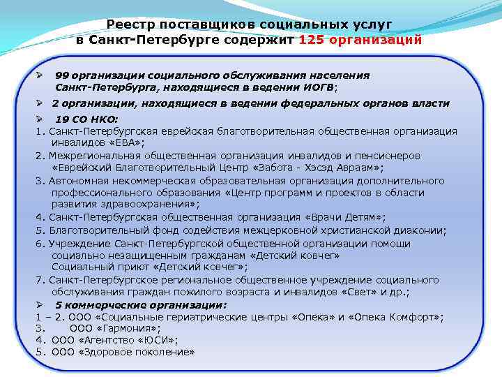 Реестр поставщиков социальных услуг в Санкт-Петербурге содержит 125 организаций Ø 99 организации социального обслуживания