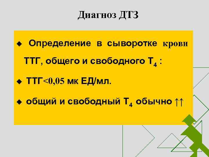 Диагноз ДТЗ Определение в сыворотке крови u ТТГ, общего и свободного Т 4 :