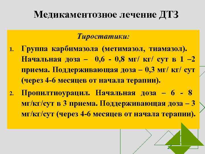 Медикаментозное лечение ДТЗ Тиростатики: 1. Группа карбимазола (метимазол, тиамазол). Начальная доза – 0, 6