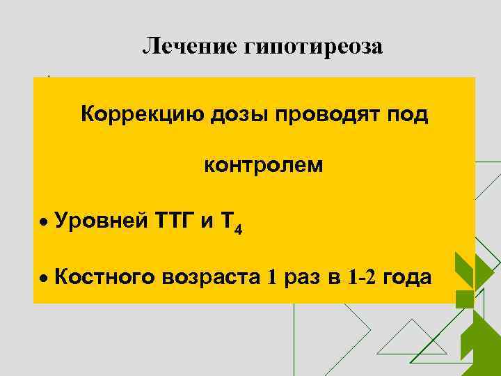 Лечение гипотиреоза Коррекцию дозы проводят под контролем · Уровней ТТГ и Т 4 ·