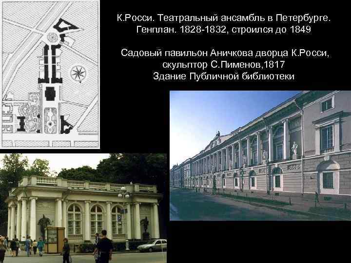 К. Росси. Театральный ансамбль в Петербурге. Генплан. 1828 -1832, строился до 1849 Садовый павильон