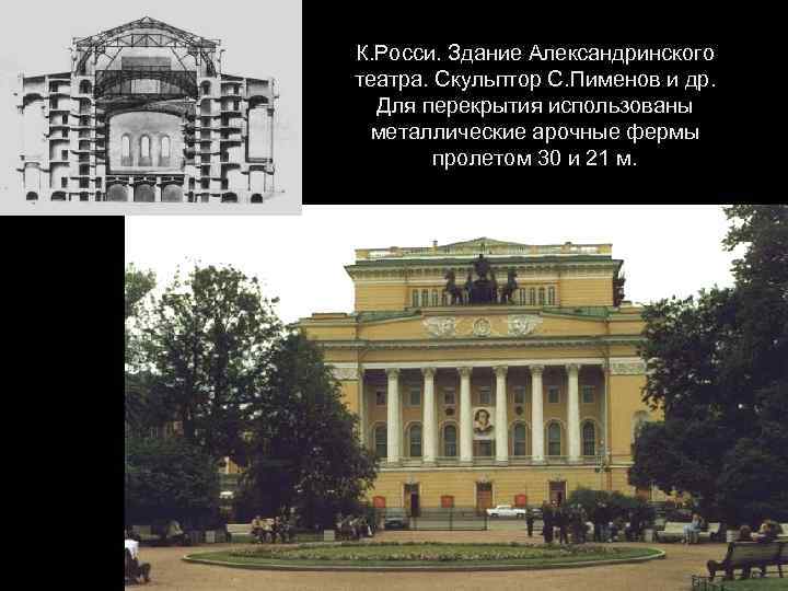 К. Росси. Здание Александринского театра. Скульптор С. Пименов и др. Для перекрытия использованы металлические