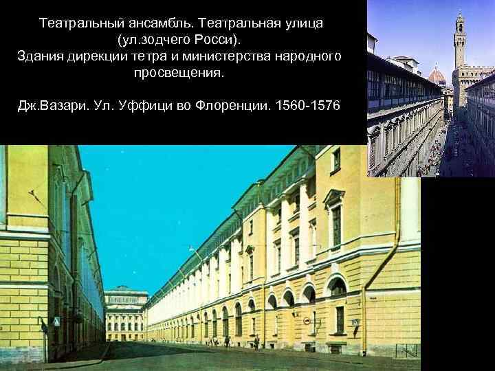 Театральный ансамбль. Театральная улица (ул. зодчего Росси). Здания дирекции тетра и министерства народного просвещения.