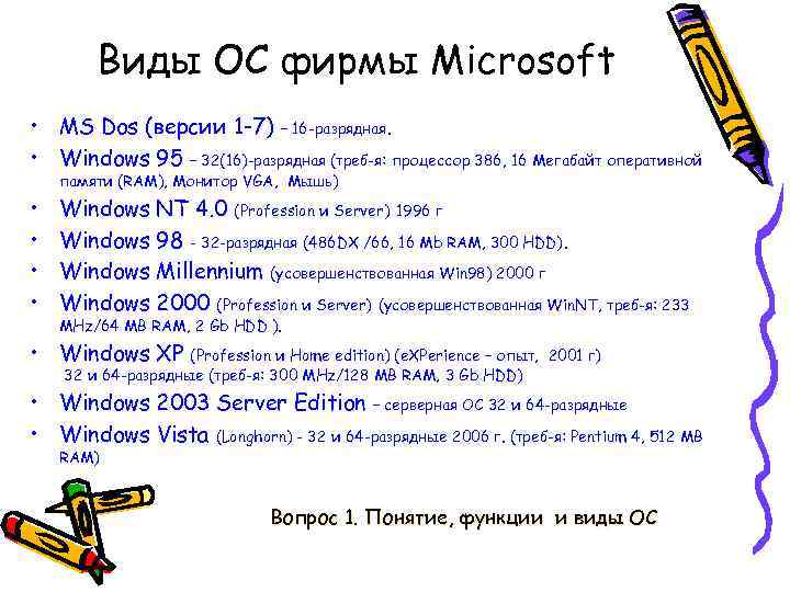 Виды ОС фирмы Microsoft • MS Dos (версии 1 -7) – 16 -разрядная. •