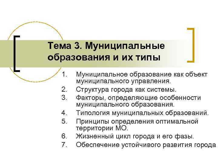 Тема 3. Муниципальные образования и их типы 1. 2. 3. 4. 5. 6. 7.