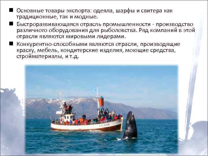 n Основные товары экспорта: одеяла, шарфы и свитера как традиционные, так и модные. n