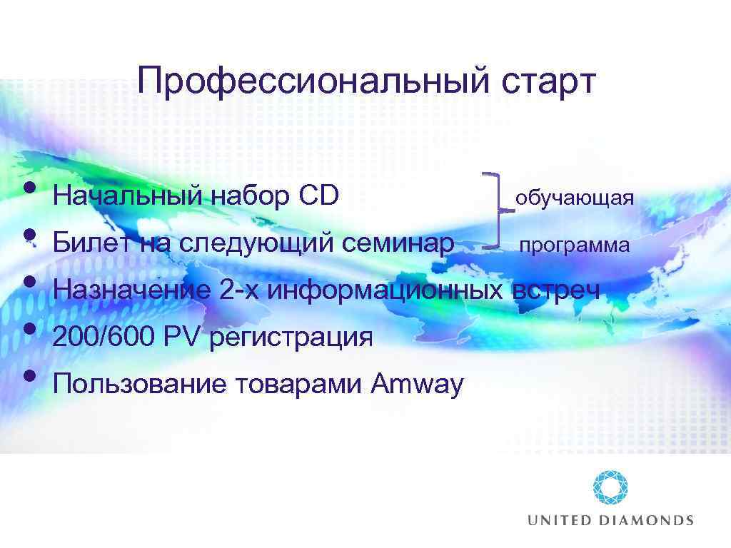 Профессиональный старт • Начальный набор CD обучающая • Билет на следующий семинар программа •