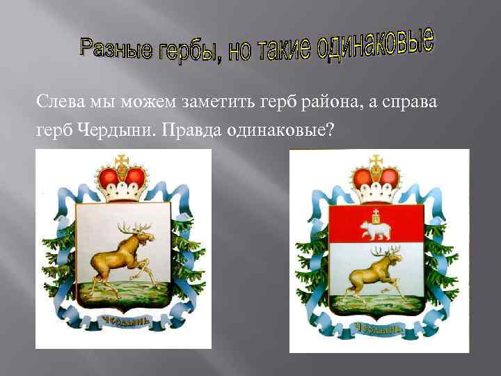 Слева мы можем заметить герб района, а справа герб Чердыни. Правда одинаковые? 