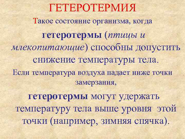 ГЕТЕРОТЕРМИЯ Такое состояние организма, когда гетеротермы (птицы и млекопитающие) способны допустить снижение температуры тела.