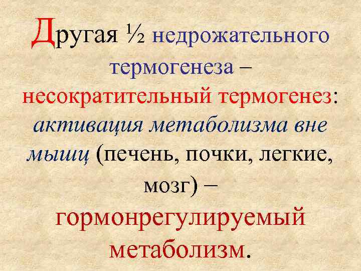 Другая ½ недрожательного термогенеза – несократительный термогенез: активация метаболизма вне мышц (печень, почки, легкие,