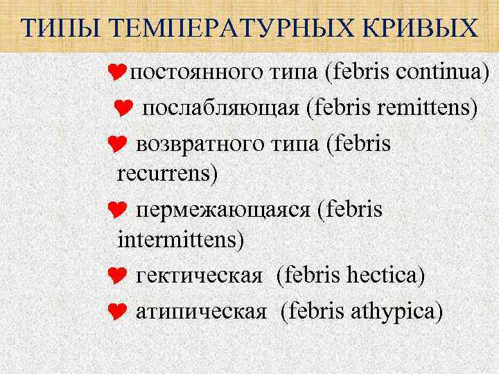 ТИПЫ ТЕМПЕРАТУРНЫХ КРИВЫХ постоянного типа (febris continua) послабляющая (febris remittens) возвратного типа (febris recurrens)