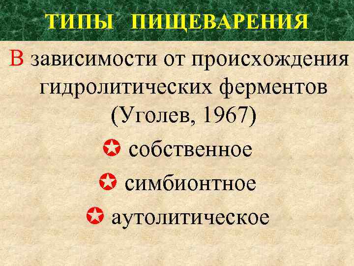ТИПЫ ПИЩЕВАРЕНИЯ В зависимости от происхождения гидролитических ферментов (Уголев, 1967) собственное симбионтное аутолитическое 