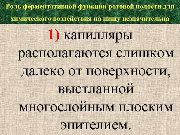 Роль ферментативной функции ротовой полости для химического воздействия на пищу незначительна 1) капилляры располагаются