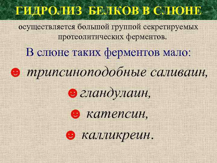 ГИДРОЛИЗ БЕЛКОВ В СЛЮНЕ осуществляется большой группой секретируемых протеолитических ферментов. В слюне таких ферментов
