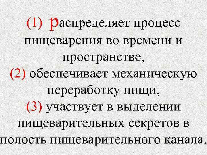 (1) распределяет процесс пищеварения во времени и пространстве, (2) обеспечивает механическую переработку пищи, (3)