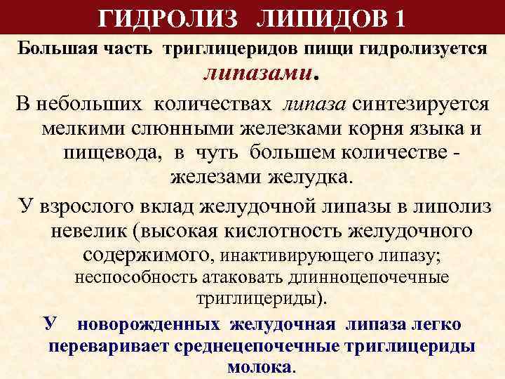 ГИДРОЛИЗ ЛИПИДОВ 1 Большая часть триглицеридов пищи гидролизуется липазами. В небольших количествах липаза синтезируется