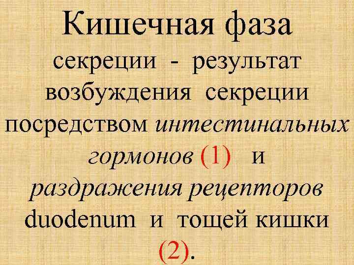 Кишечная фаза секреции - результат возбуждения секреции посредством интестинальных гормонов (1) и раздражения рецепторов