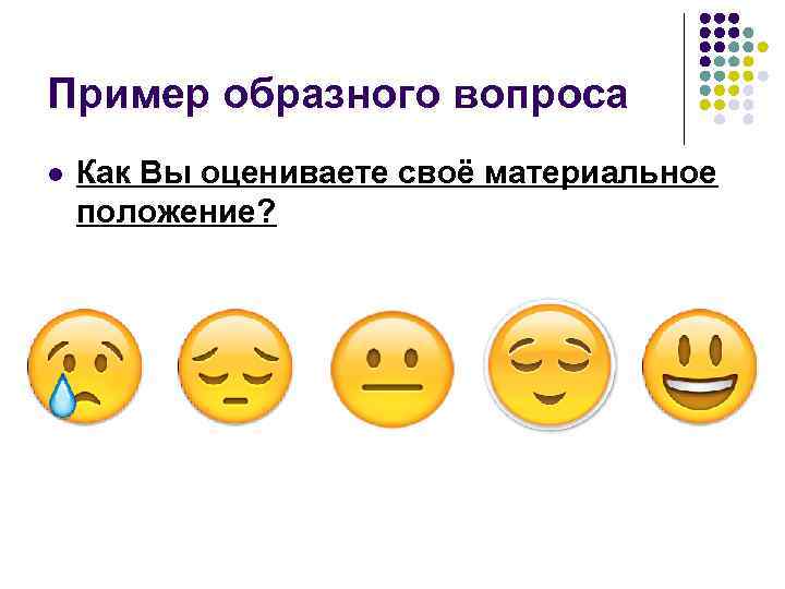 Пример образного вопроса l Как Вы оцениваете своё материальное положение? 