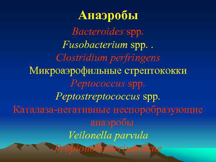 Анаэробы Bacteroides spp. Fиsobacteriит spp. . Clostridiит perfriпgeпs Микроаэрофильные стрептококки Peptococcиs spp. Peptostreptococcиs spp.