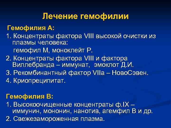 Лечение гемофилии Гемофилия А: 1. Концентраты фактора VIII высокой очистки из плазмы человека: гемофил