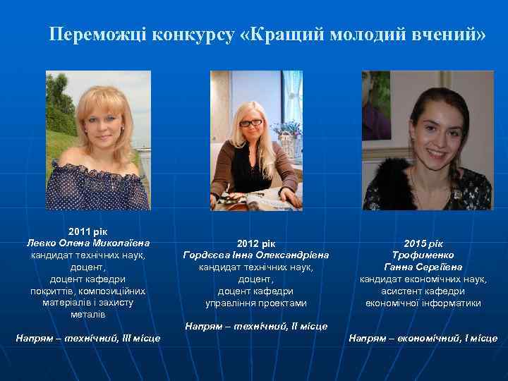 Переможці конкурсу «Кращий молодий вчений» 2011 рік Левко Олена Миколаївна кандидат технічних наук, доцент
