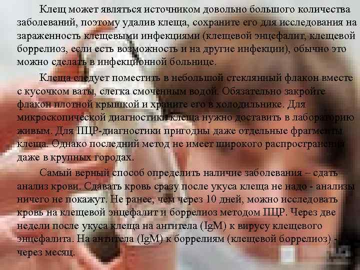 Клещ может являться источником довольно большого количества заболеваний, поэтому удалив клеща, сохраните его для
