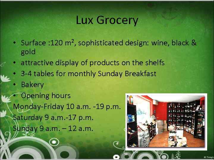 Lux Grocery • Surface : 120 m², sophisticated design: wine, black & gold •