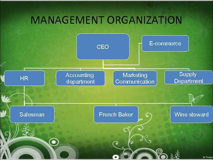 MANAGEMENT ORGANIZATION E-commerce CEO HR Salesman Accounting department Marketing Communication French Baker Supply Department