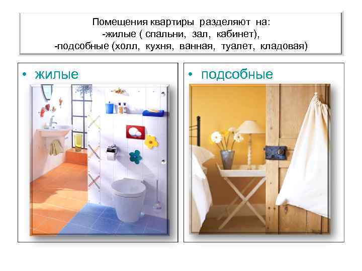 Помещения квартиры разделяют на: -жилые ( спальни, зал, кабинет), -подсобные (холл, кухня, ванная, туалет,