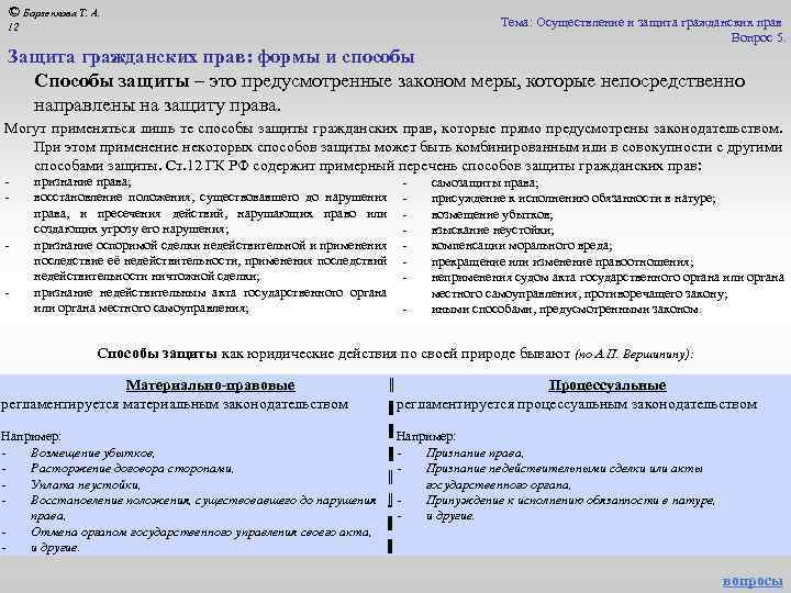 © Борзенкова Т. А. Тема: Осуществление и защита гражданских прав Вопрос 5. 12 Защита