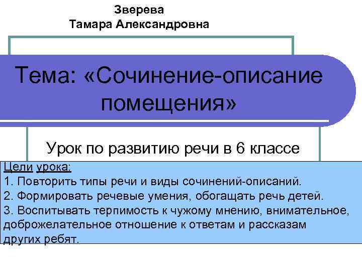 Зверева Тамара Александровна Тема: «Сочинение-описание помещения» Урок по развитию речи в 6 классе Цели
