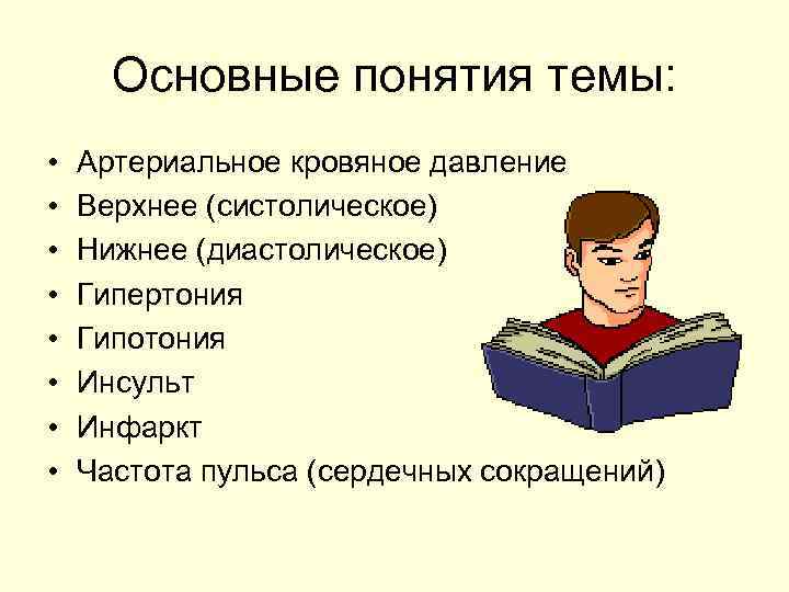 Основные понятия темы: • • Артериальное кровяное давление Верхнее (систолическое) Нижнее (диастолическое) Гипертония Гипотония