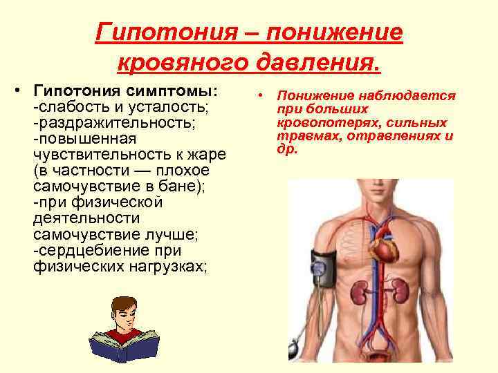 Гипотония – понижение кровяного давления. • Гипотония симптомы: -слабость и усталость; -раздражительность; -повышенная чувствительность