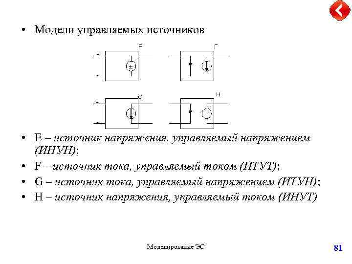  • Модели управляемых источников • Е – источник напряжения, управляемый напряжением (ИНУН); •