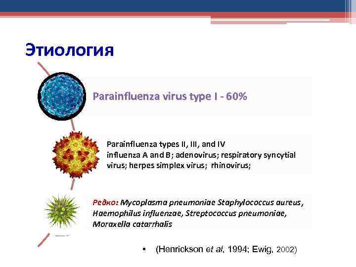 Этиология Parainfluenza virus type I - 60% Parainfluenza types II, III, and IV influenza