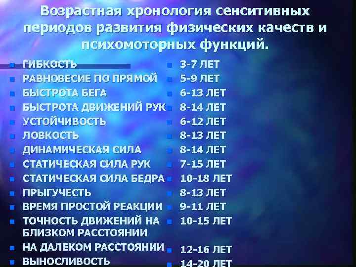 Возрастная хронология сенситивных периодов развития физических качеств и психомоторных функций. n n n n