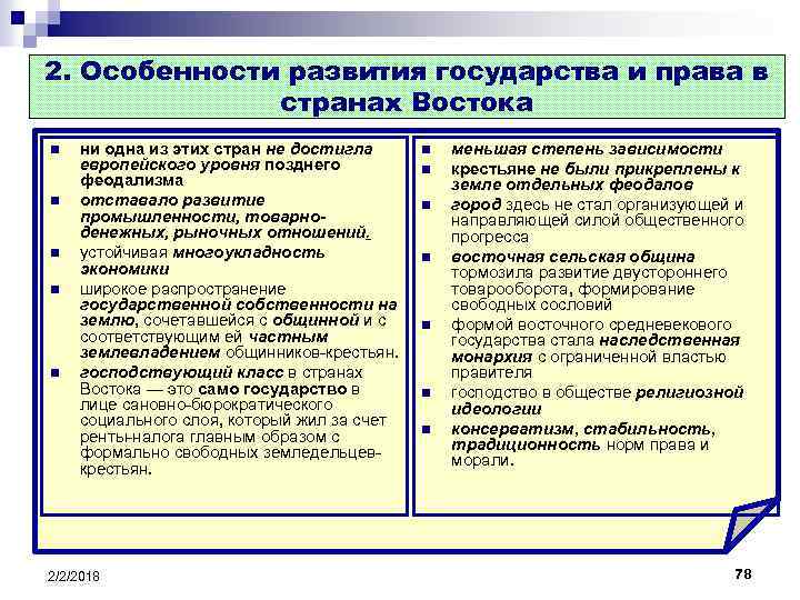 2. Особенности развития государства и права в странах Востока n n n ни одна