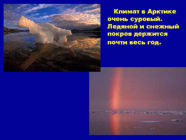 Климат в Арктике очень суровый. Ледяной и снежный покров держится почти весь год. 