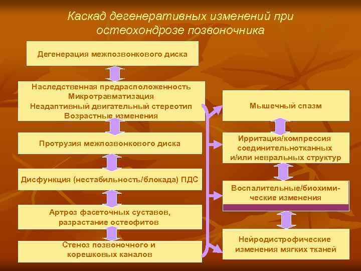 Каскад дегенеративных изменений при остеохондрозе позвоночника Дегенерация межпозвонкового диска Наследственная предрасположенность Микротравматизация Неадаптивный двигательный