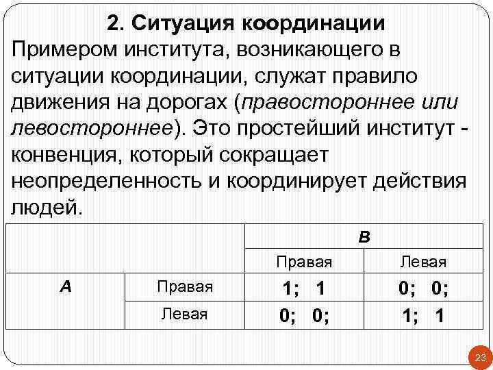 2. Ситуация координации Примером института, возникающего в ситуации координации, служат правило движения на дорогах