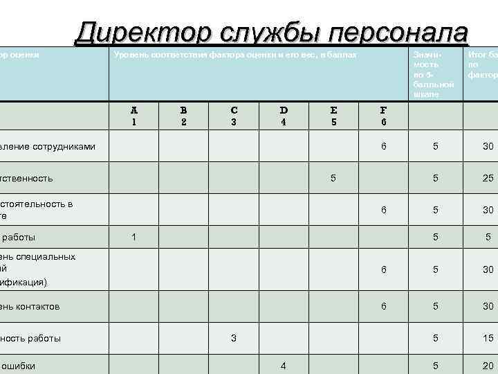 Директор службы персонала ор оценки Уровень соответствия фактора оценки и его вес, в баллах