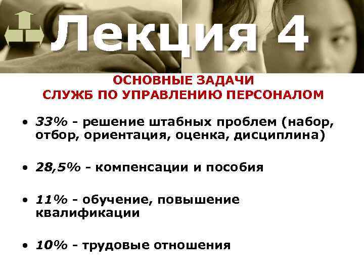Лекция 4 ОСНОВНЫЕ ЗАДАЧИ СЛУЖБ ПО УПРАВЛЕНИЮ ПЕРСОНАЛОМ • 33% решение штабных проблем (набор,
