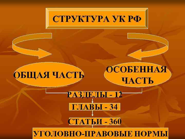 СТРУКТУРА УК РФ ОБЩАЯ ЧАСТЬ ОСОБЕННАЯ ЧАСТЬ РАЗДЕЛЫ - 12 ГЛАВЫ - 34 СТАТЬИ